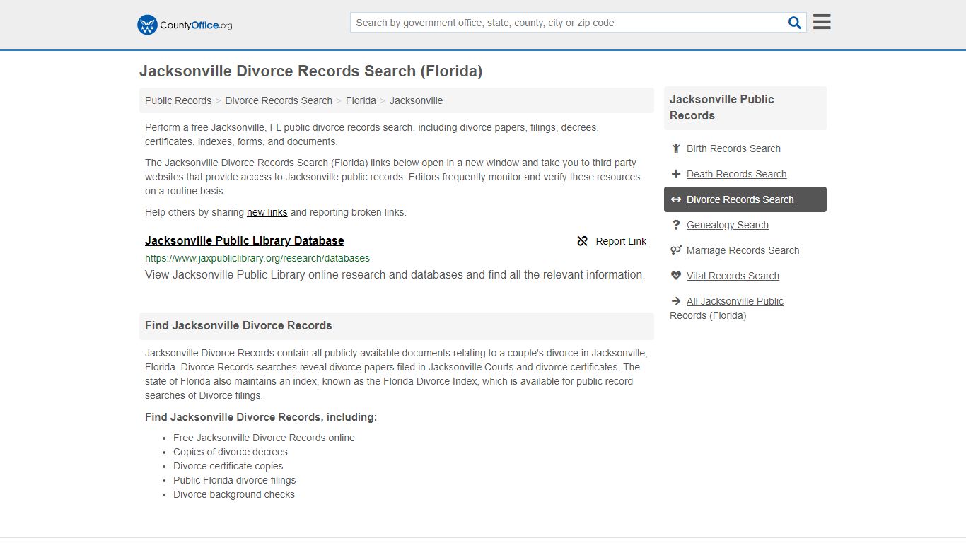 Jacksonville Divorce Records Search (Florida) - County Office